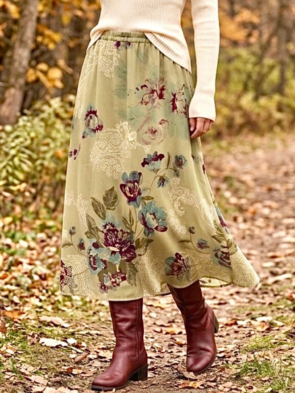 Vintage Y2K New Floral Lace Green Burgundy Reversible Paisley Maxi Skirt XL
